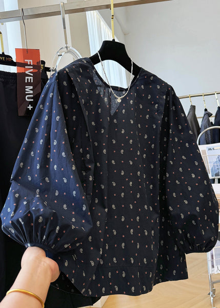 Fall Cotton Loose Print V Shirts Neck Navy FashionChic