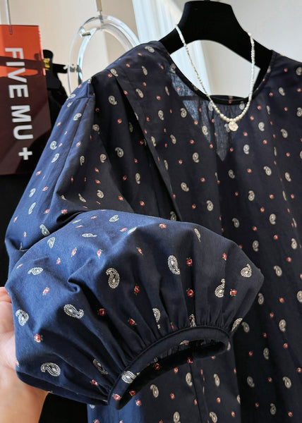 Fall Cotton Loose Print V Shirts Neck Navy FashionChic