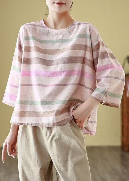 Linen Loose T Striped Cozy Neck Shirt Sleeve Bracelet O FashionChic