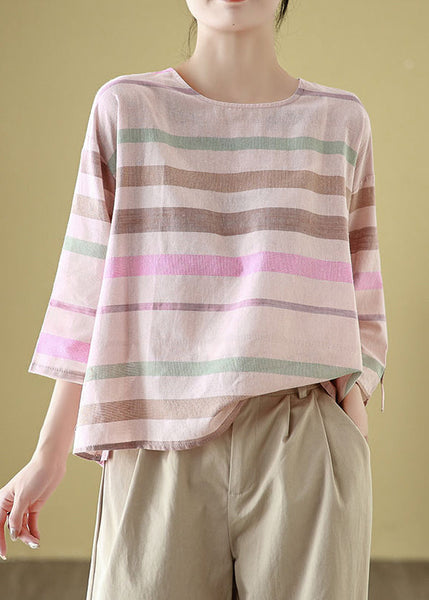 Linen Loose T Striped Cozy Neck Shirt Sleeve Bracelet O FashionChic