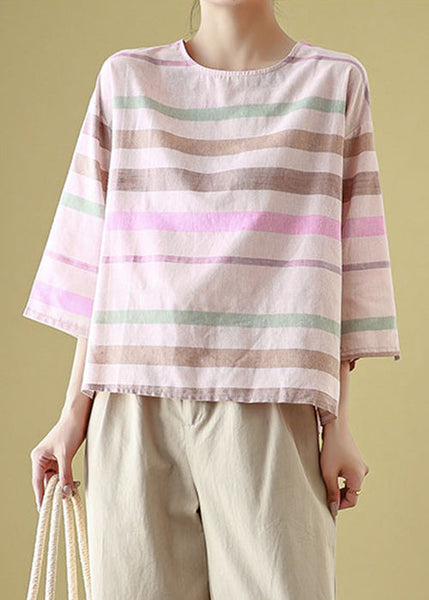 Linen Loose T Striped Cozy Neck Shirt Sleeve Bracelet O FashionChic