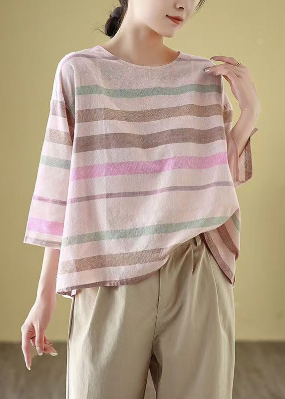 Linen Loose T Striped Cozy Neck Shirt Sleeve Bracelet O FashionChic