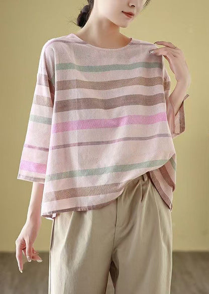 O Shirt Linen Cozy Loose Striped Bracelet T Neck Sleeve FashionChic