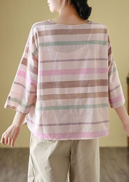 Linen Loose T Striped Cozy Neck Shirt Sleeve Bracelet O FashionChic