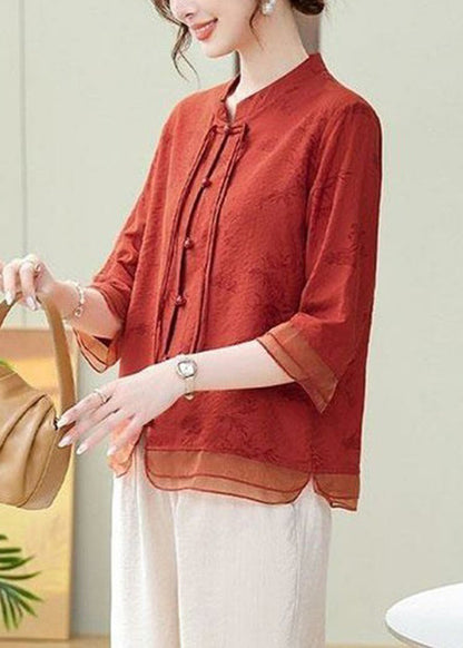 Loose Orange Button Print Cotton Shirt Bracelet Sleeve AU1070 MZF-240903