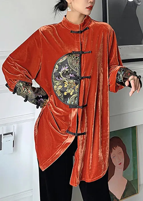 Loose Orange Embroidered Button Silk Velour Shirt Long Sleeve Ada Fashion