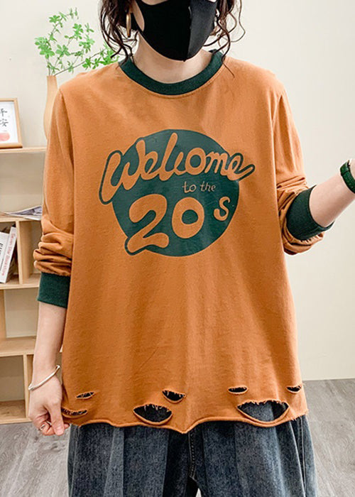 Loose Orange O Neck Print Cotton T Shirt Fall AU1036 MZF-240903