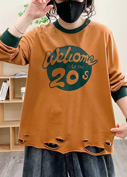 Loose Orange O Neck Print Cotton T Shirt Fall AU1036 MZF-240903
