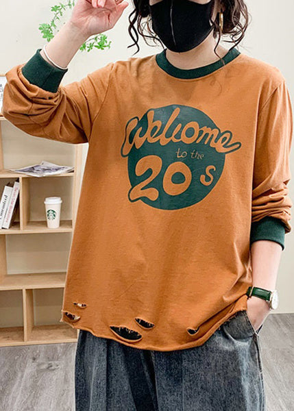 Loose Orange O Neck Print Cotton T Shirt Fall AU1036 MZF-240903