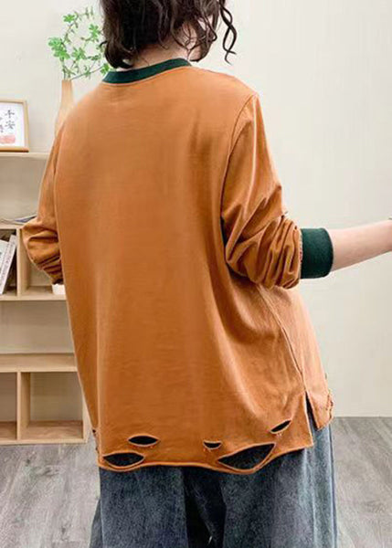 Loose Orange O Neck Print Cotton T Shirt Fall AU1036 MZF-240903