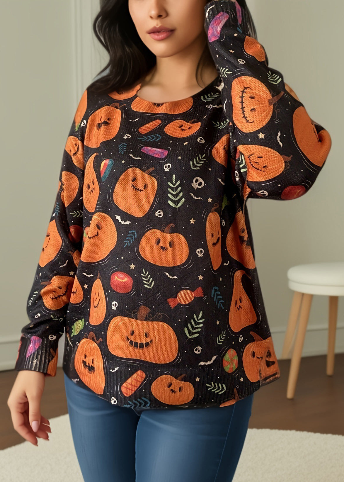 Loose Orange O Neck Print Knitting Cotton Top Long Sleeve AE1015 OM-HW240901