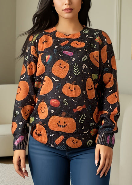 Loose Orange O Neck Print Knitting Cotton Top Long Sleeve AE1015 OM-HW240901