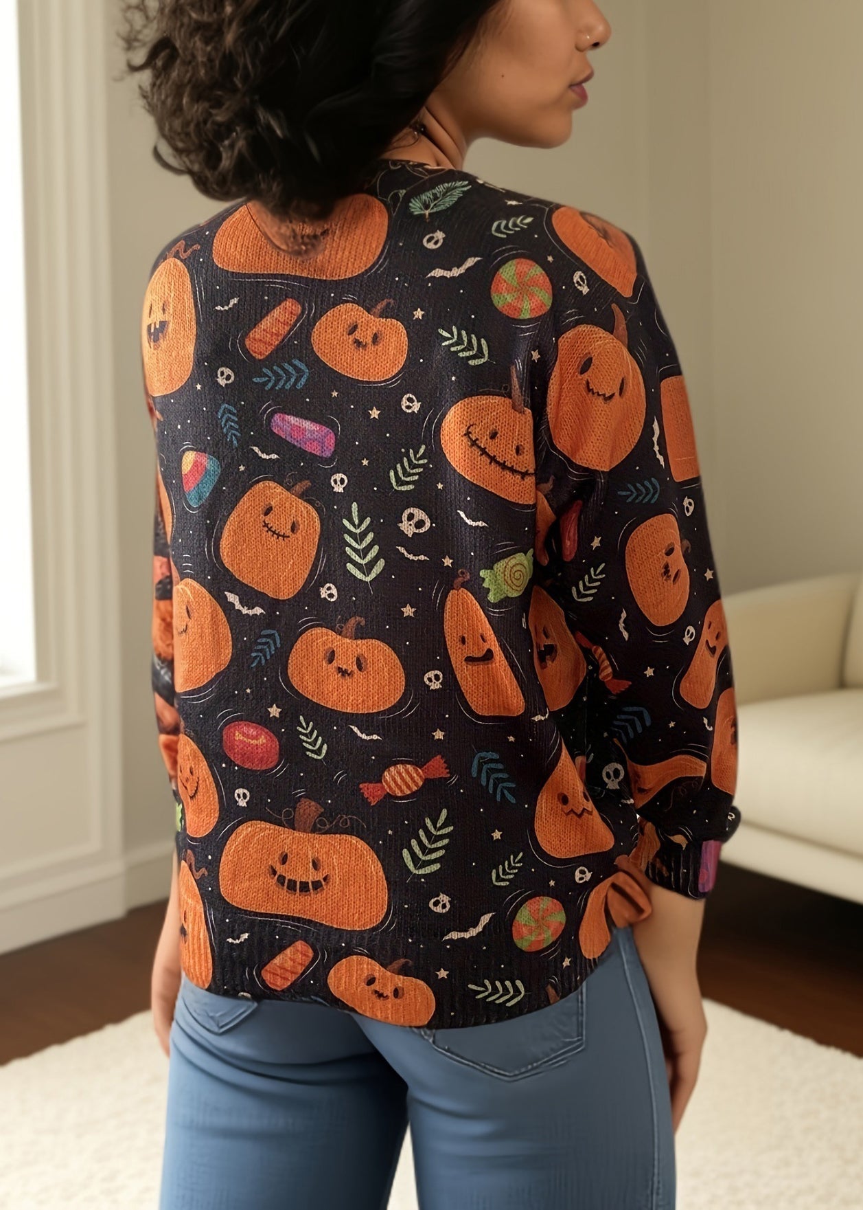 Loose Orange O Neck Print Knitting Cotton Top Long Sleeve AE1015 OM-HW240901