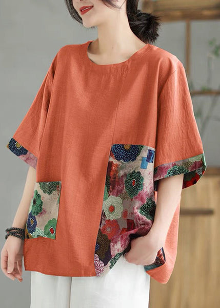 Sleeve Orange Print Tops Short O-Neck Loose FashionChic