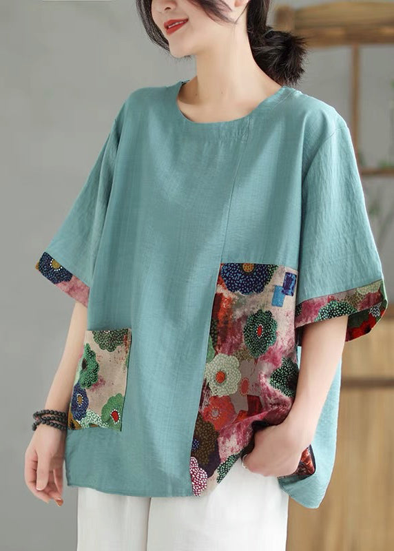 Sleeve Orange Print Tops Short O-Neck Loose FashionChic