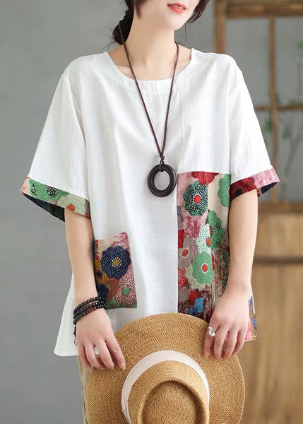 Sleeve Orange Print Tops Short O-Neck Loose FashionChic