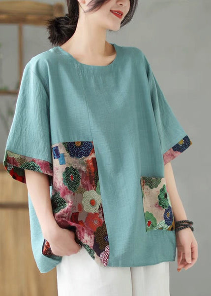 Sleeve Orange Print Tops Short O-Neck Loose FashionChic