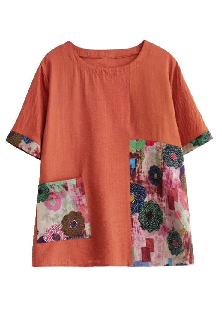 Sleeve Orange Print Tops Short O-Neck Loose FashionChic