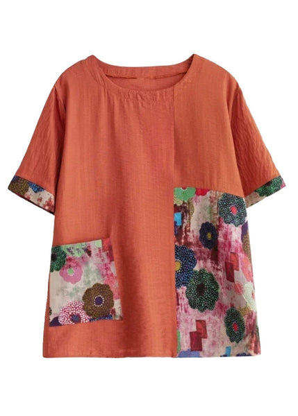 Sleeve Orange Print Tops Short O-Neck Loose FashionChic