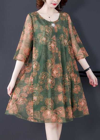 Loose Orange O Neck Print Tulle Dress Summer OP1083 Ada Fashion