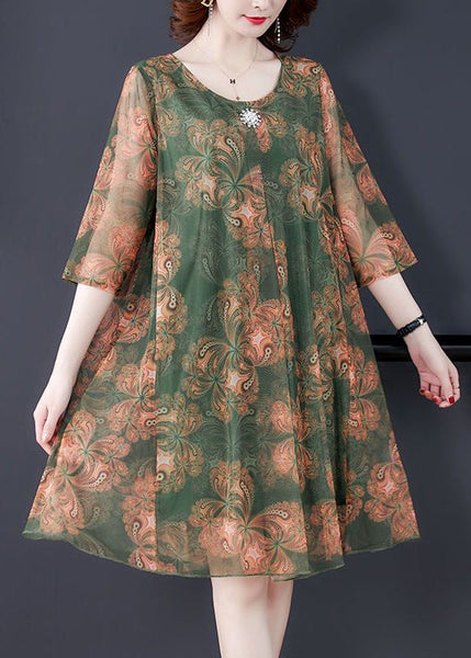 Loose Orange O Neck Print Tulle Dress Summer OP1083 Ada Fashion