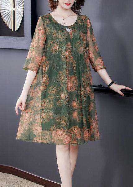Loose Orange O Neck Print Tulle Dress Summer OP1083 Ada Fashion