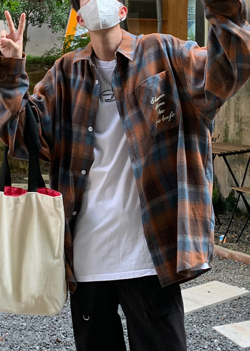 Collar Shirt Loose Orange Peter Plaid Pan Spring Cotton Men FashionChic