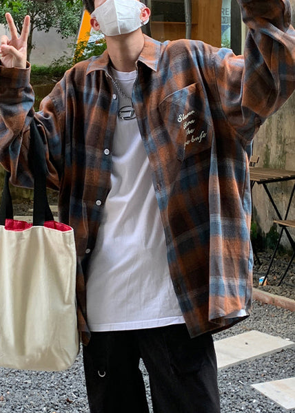 Collar Shirt Loose Orange Peter Plaid Pan Spring Cotton Men FashionChic