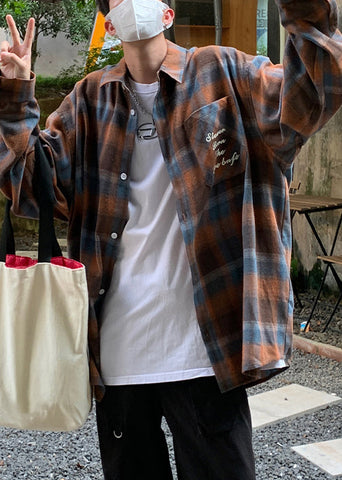 Collar Shirt Loose Orange Peter Plaid Pan Spring Cotton Men FashionChic