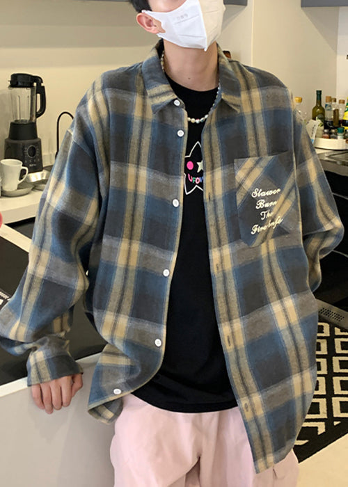 Collar Shirt Loose Orange Peter Plaid Pan Spring Cotton Men FashionChic