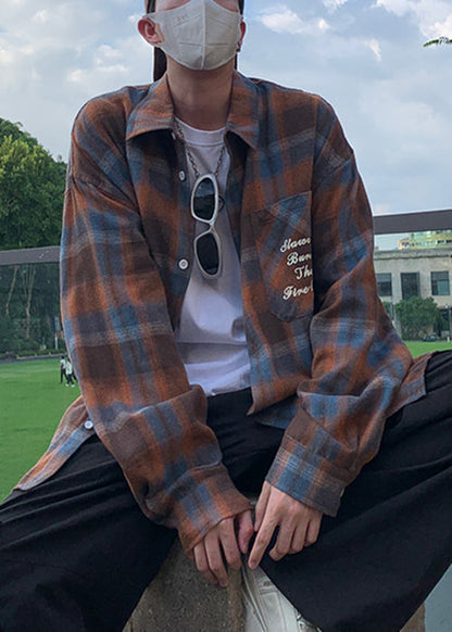 Collar Shirt Loose Orange Peter Plaid Pan Spring Cotton Men FashionChic