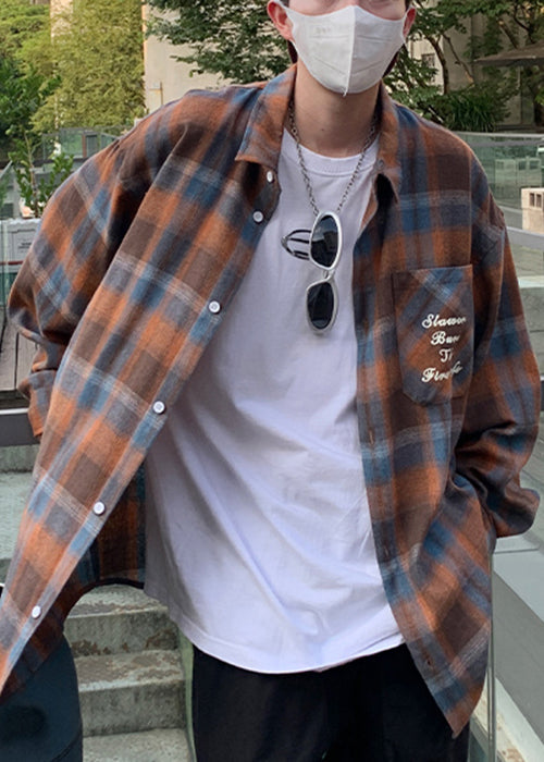 Collar Shirt Loose Orange Peter Plaid Pan Spring Cotton Men FashionChic