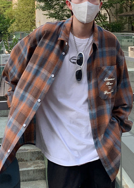 Collar Shirt Loose Orange Peter Plaid Pan Spring Cotton Men FashionChic