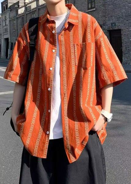 Collar Summer Orange Loose Men Cotton Shirt Peter Striped Pan FashionChic