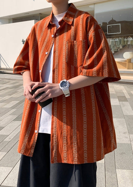 Collar Summer Orange Loose Men Cotton Shirt Peter Striped Pan FashionChic