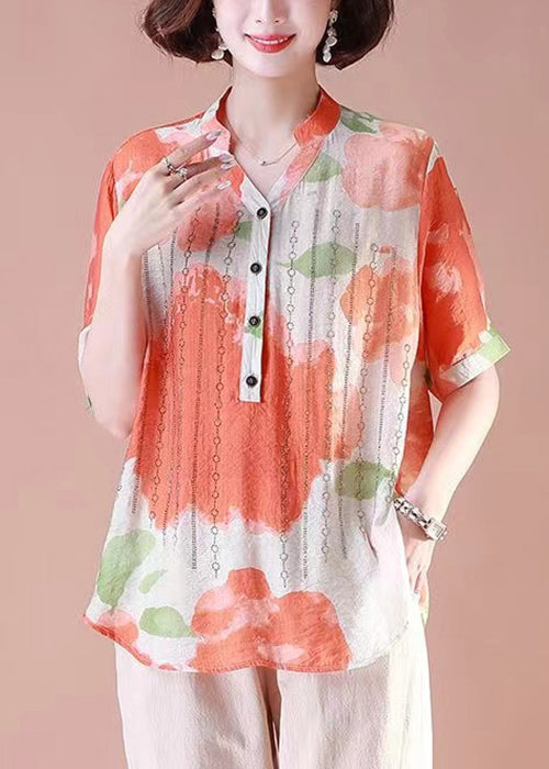 Loose Orange Print Button Cotton T Shirt Summer OP1085 Ada Fashion