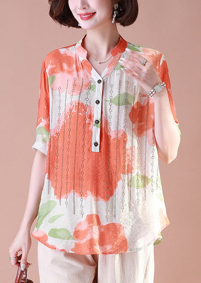 Loose Orange Print Button Cotton T Shirt Summer OP1085 Ada Fashion