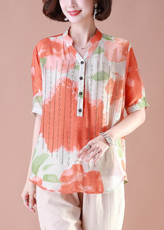 Loose Orange Print Button Cotton T Shirt Summer OP1085 Ada Fashion