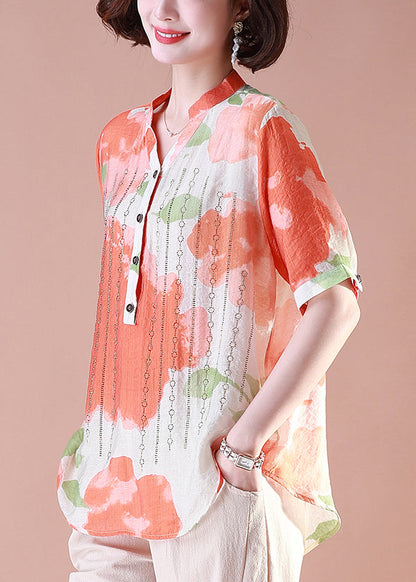 Loose Orange Print Button Cotton T Shirt Summer OP1085 Ada Fashion