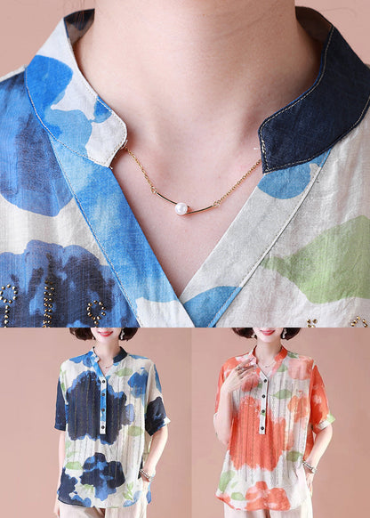 Loose Orange Print Button Cotton T Shirt Summer OP1085 Ada Fashion