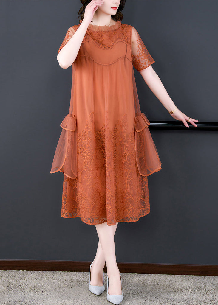 Loose Orange Ruffled Embroidered Tulle Dress Summer OP1022 Ada Fashion