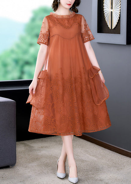Loose Orange Ruffled Embroidered Tulle Dress Summer OP1022 Ada Fashion