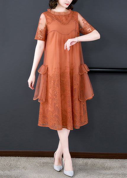 Loose Orange Ruffled Embroidered Tulle Dress Summer OP1022 Ada Fashion