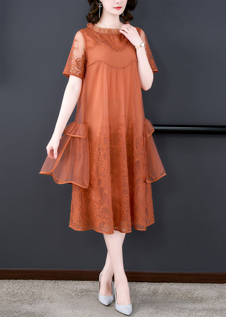 Loose Orange Ruffled Embroidered Tulle Dress Summer OP1022 Ada Fashion