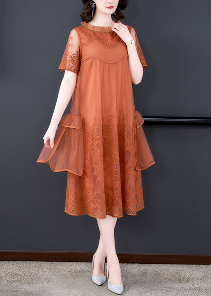 Loose Orange Ruffled Embroidered Tulle Dress Summer OP1022 Ada Fashion