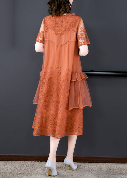 Loose Orange Ruffled Embroidered Tulle Dress Summer OP1022 Ada Fashion