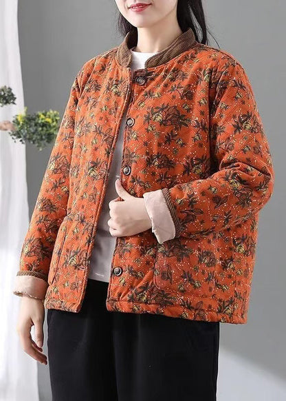 Loose Orange Stand Collar Pockets Print Fine Cotton Filled Jacket Spring TI016