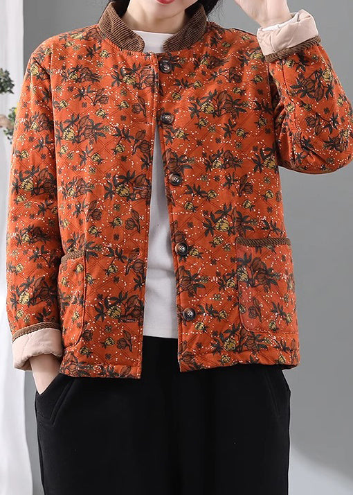 Loose Orange Stand Collar Pockets Print Fine Cotton Filled Jacket Spring TI016