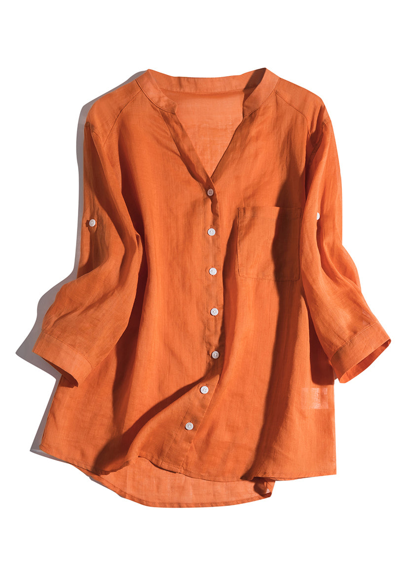 Loose Orange V Neck Button Linen Shirt Bracelet Sleeve AM1056 Genistyle Shop