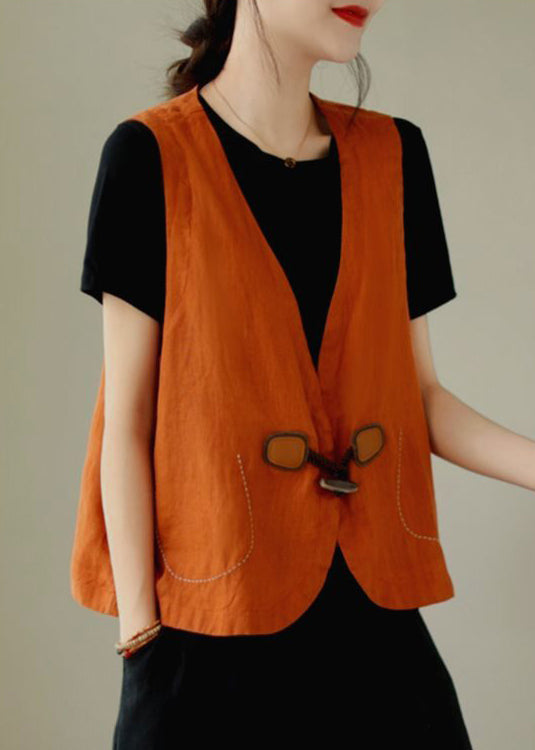 Waistcoat Linen Button Loose Neck V Orange Sleeveless FashionChic
